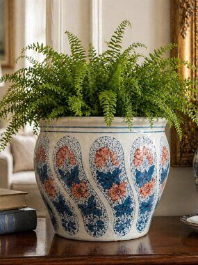 Large Heavy Chinoiserie Style Ceramic Planter Cachepot 12” Floral Blue Coral